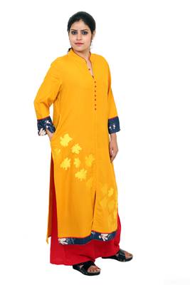 Yellow printed rayon kurtas-and-kurtis 3