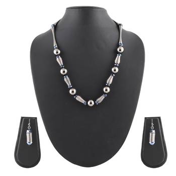 Metallic Silver & Black Necklace & Earrings Set For Women & Girls 1