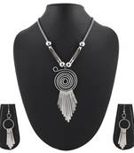 Metallic Silver Pendant Necklace & Earrings Set For Women & Girls