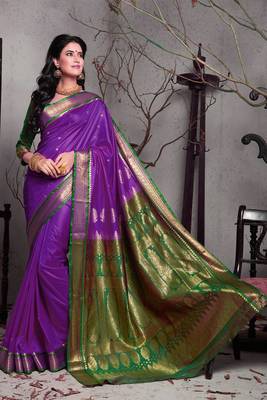 purple hand woven silk blend saree with blouse 1