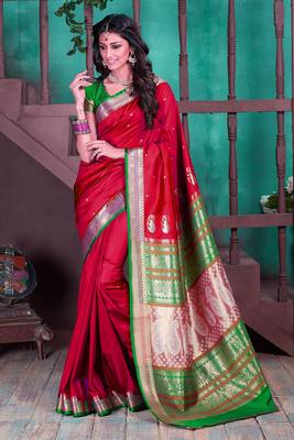 Red Hand Woven Silk Blend Saree With Blouse 1