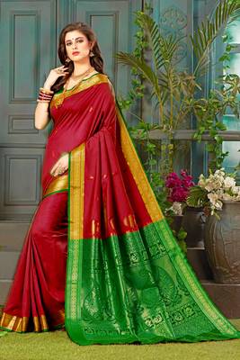 Red hand woven silk blend saree with blouse 1