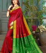 Red hand woven silk blend saree with blouse
