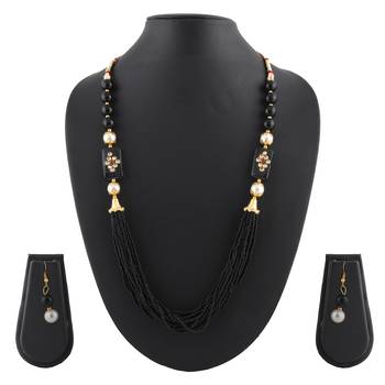 Pearl, Biscuits & Beads Black Colored Multi Strand Necklace & Earrings Set & Earrings Set For Women & Girls 1
