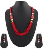 Pearl, Buiscuits & Beads Red Colored Multi Strand Necklace & Earrings Set For Women & Girls