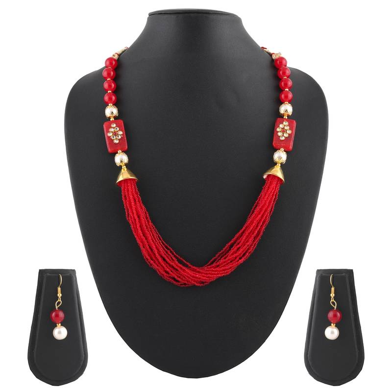 Pearl, Buiscuits & Beads Red Colored Multi Strand Necklace & Earrings Set For Women & Girls