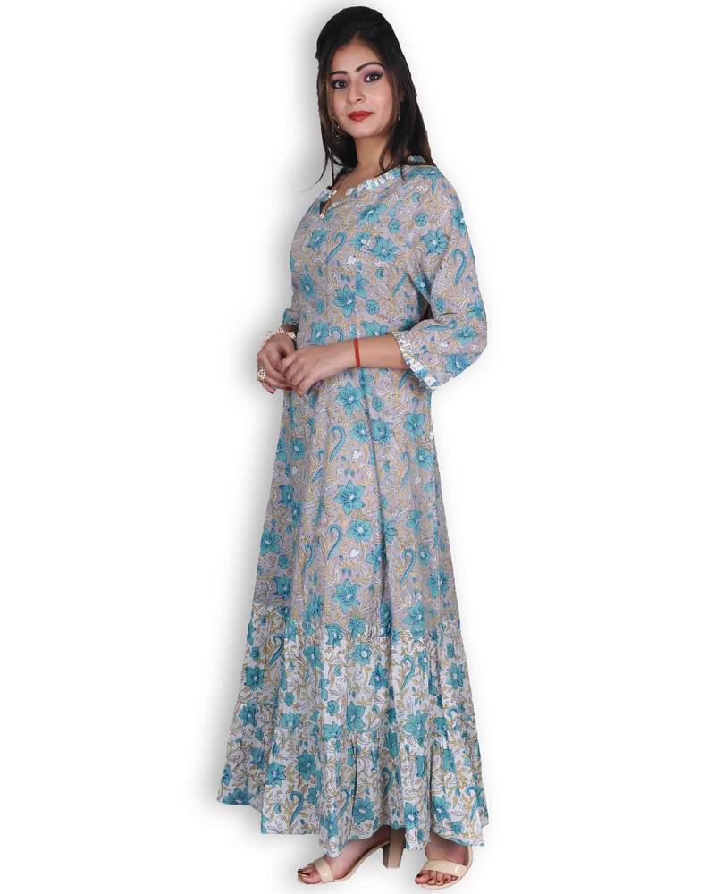 Grey & Blue Sanganeri Print Jaipuri Anarkali Kurta