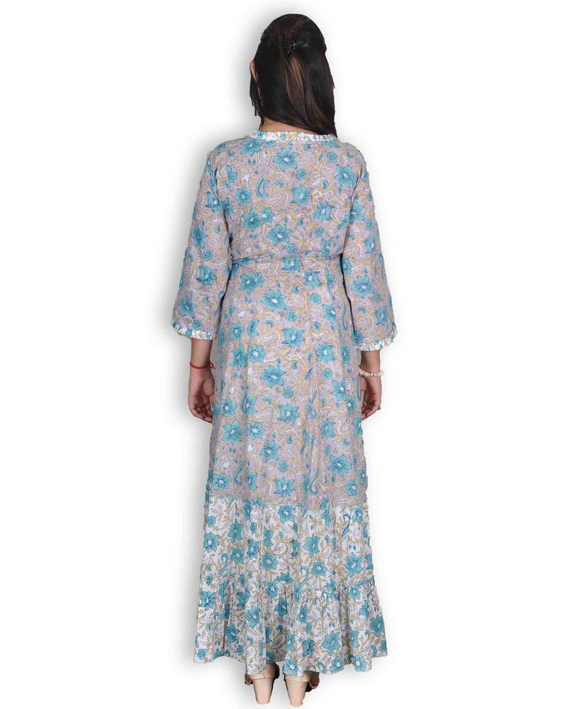 Grey & Blue Sanganeri Print Jaipuri Anarkali Kurta