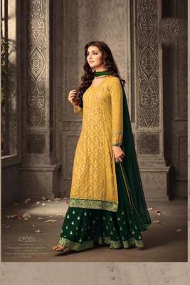 Yellow embroidered faux georgette kameez with sharara 1