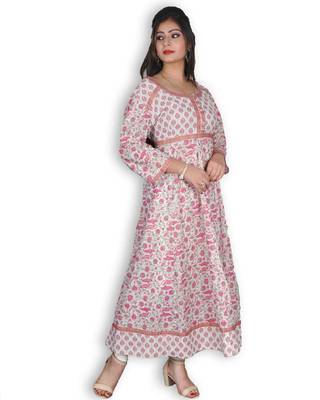 Pink & White Floral Sanganeri Print Jaipuri Anarkali Kurta 2