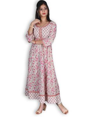 Pink & White Floral Sanganeri Print Jaipuri Anarkali Kurta 3