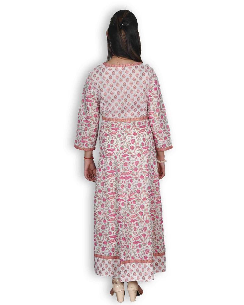 Pink & White Floral Sanganeri Print Jaipuri Anarkali Kurta
