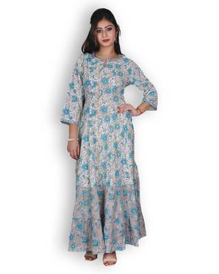 Grey & Blue Sanganeri Print Jaipuri Anarkali Kurta 1