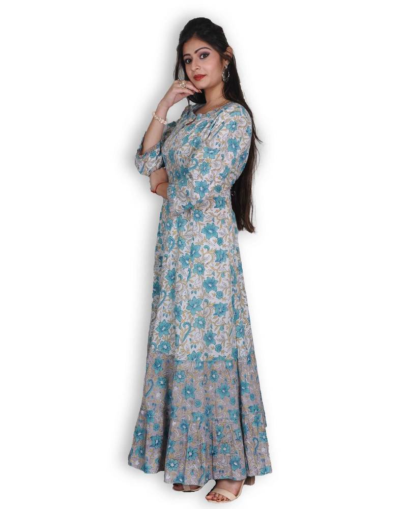 Grey & Blue Sanganeri Print Jaipuri Anarkali Kurta