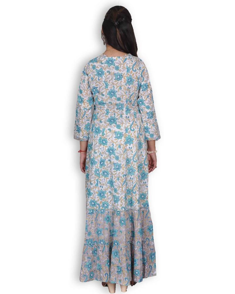 Grey & Blue Sanganeri Print Jaipuri Anarkali Kurta