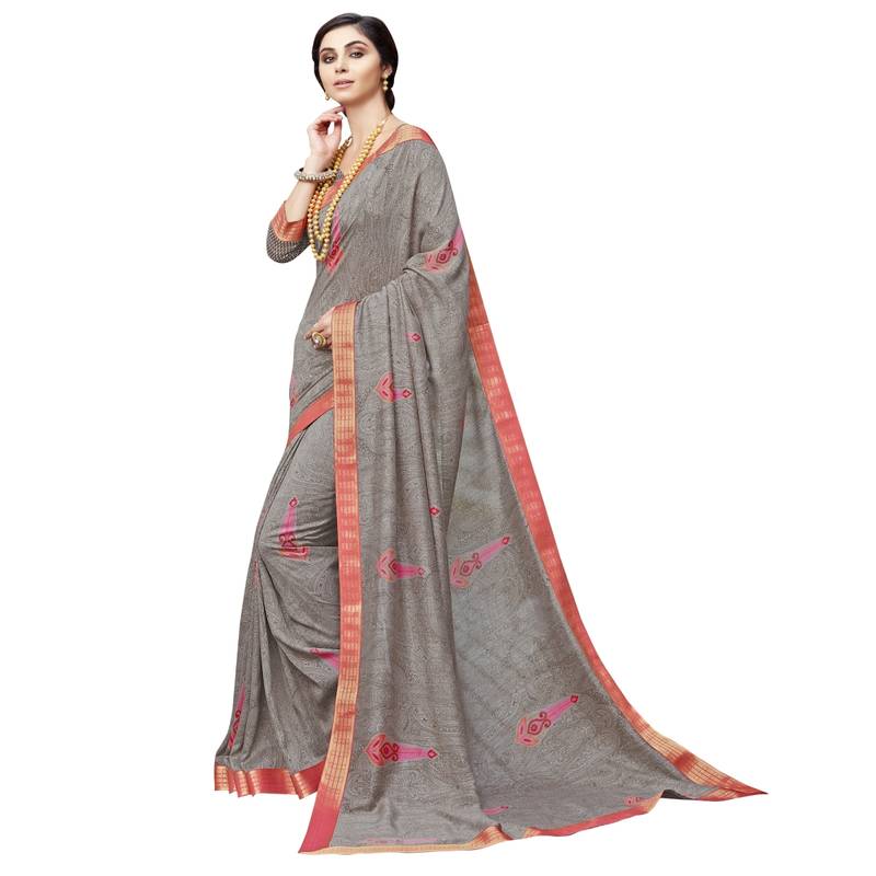 Grey printed chanderi silk saree with blouse
