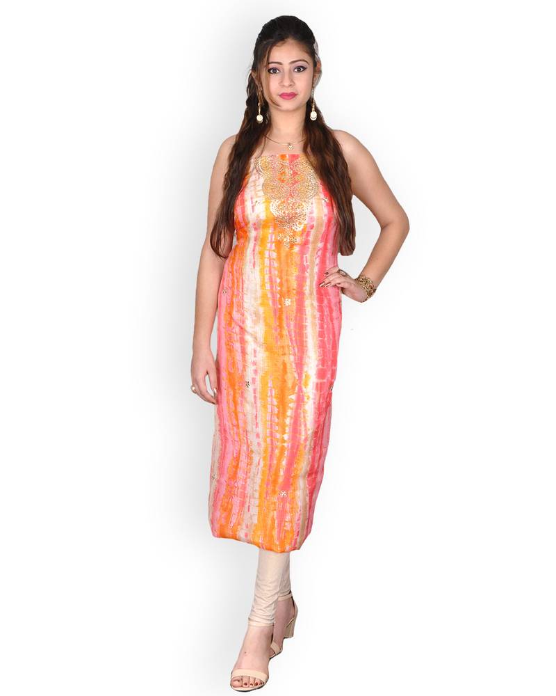 Off White & Orange Marble Bandhej Kota Silk Kurta With Gota Patti