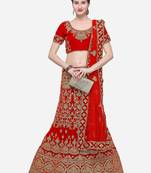 Red Embroidered Velvet Semi Stitched Lehenga