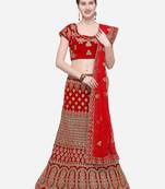 Red Embroidered Velvet Semi Stitched Lehenga