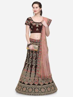 Maroon Embroidered Velvet Semi Stitched Lehenga 1