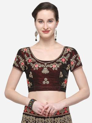 Maroon Embroidered Velvet Semi Stitched Lehenga 3