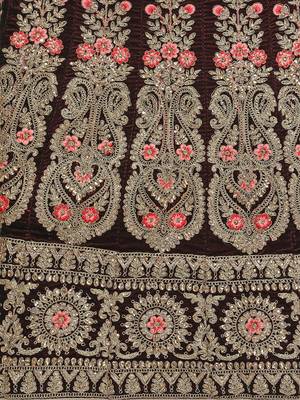 Maroon Embroidered Velvet Semi Stitched Lehenga 4