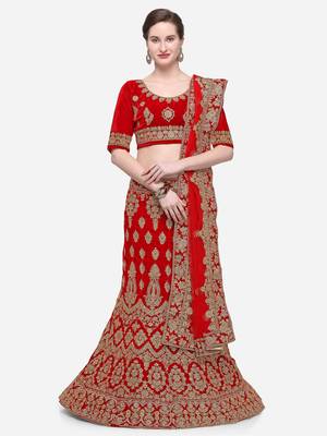 Red Embroidered Velvet Semi Stitched Lehenga 1