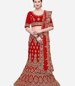 Red Embroidered Velvet Semi Stitched Lehenga