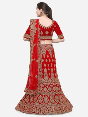 Red Embroidered Velvet Semi Stitched Lehenga 2