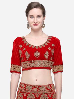 Red Embroidered Velvet Semi Stitched Lehenga 3