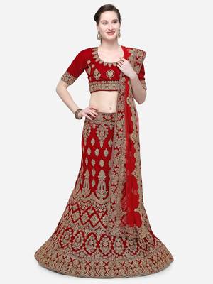 Maroon Embroidered Velvet Semi Stitched Lehenga 1