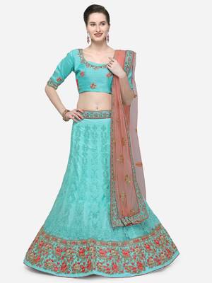 Blue Embroidered Net Semi Stitched Lehenga 1