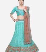 Blue Embroidered Net Semi Stitched Lehenga