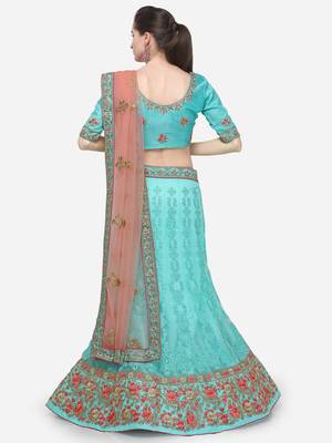 Blue Embroidered Net Semi Stitched Lehenga 2