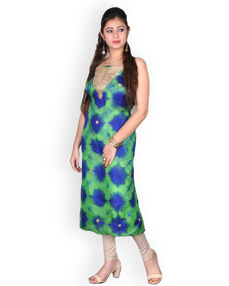 Green & Blue Marble Bandhej Kota Silk Kurta With Gota Patti