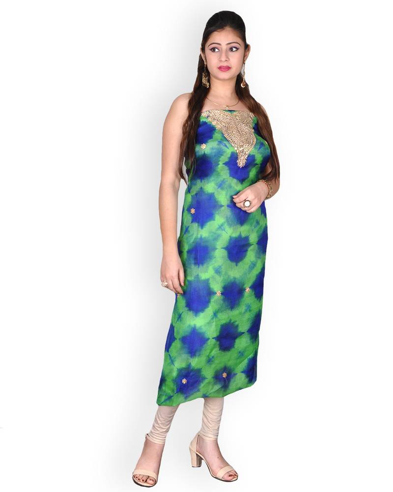 Green & Blue Marble Bandhej Kota Silk Kurta With Gota Patti