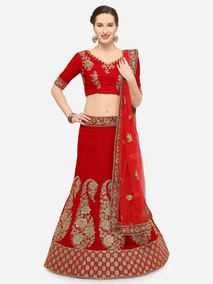Red Embroidered Velvet Semi Stitched Lehenga 1