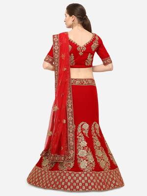 Red Embroidered Velvet Semi Stitched Lehenga 2