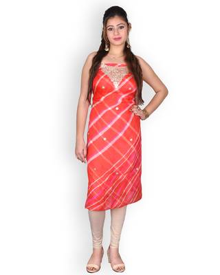Orange & White Leheriya Kota Silk Kurta With Gota Patti 2