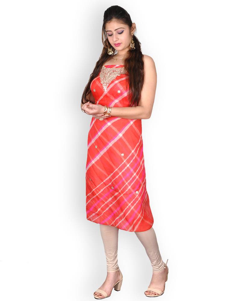 Orange & White Leheriya Kota Silk Kurta With Gota Patti