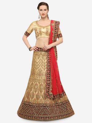 Beige Embroidered Silk Semi Stitched Lehenga 1