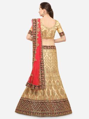 Beige Embroidered Silk Semi Stitched Lehenga 2