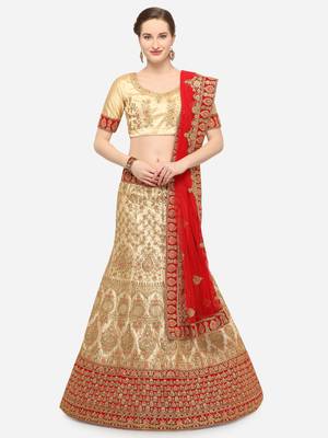 Beige Embroidered Silk Semi Stitched Lehenga 1