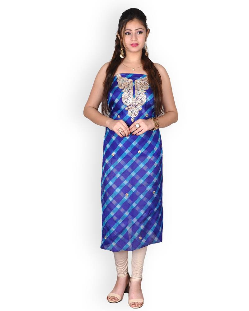 Blue & White Leheriya Kota Silk Kurta With Gota Patti