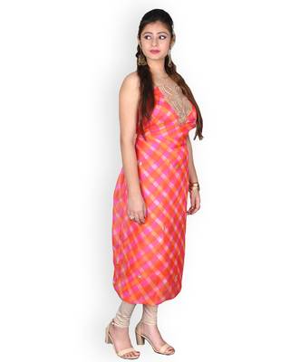 Reddish Orange & White Leheriya Kota Silk Kurta With Gota Patti 2