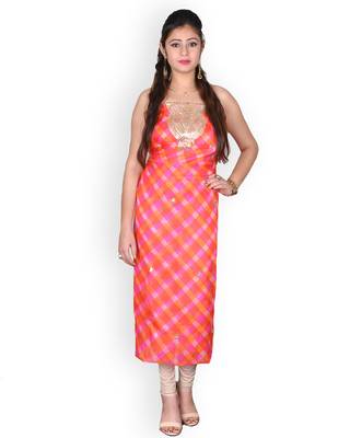 Reddish Orange & White Leheriya Kota Silk Kurta With Gota Patti 3