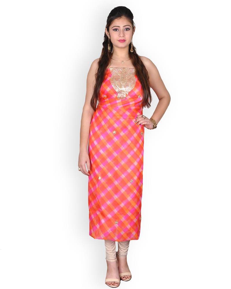 Reddish Orange & White Leheriya Kota Silk Kurta With Gota Patti