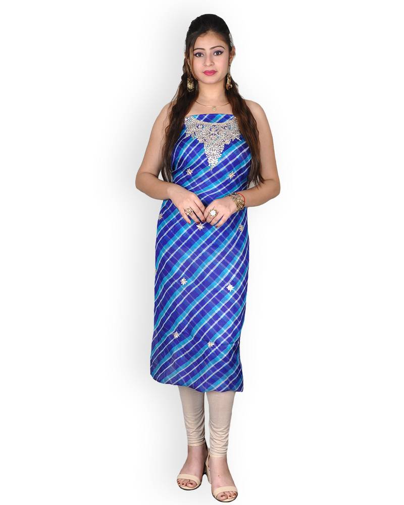 Blue & White Leheriya Kota Silk Kurta With Gota Patti
