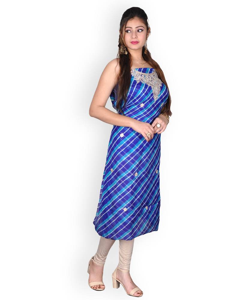 Blue & White Leheriya Kota Silk Kurta With Gota Patti