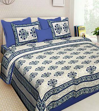 Printed Blue Cotton King Size Double Bed Sheet with 2 Pillow Cover 1